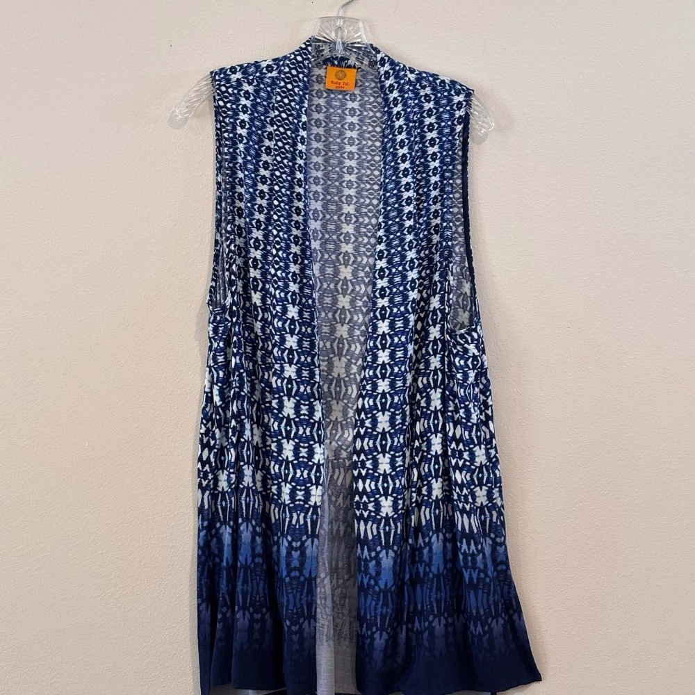 Ruby Rd Women's Blue White Sleeveless Open Front Cardigan No Size Tag